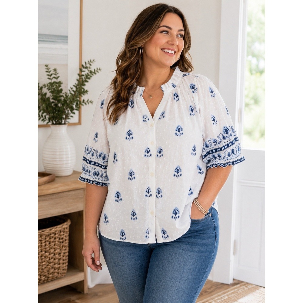 NWT LOFT XXL Blue White Floral Swiss Dot Bloisecpuff Sleeves 100% Cotton Boho